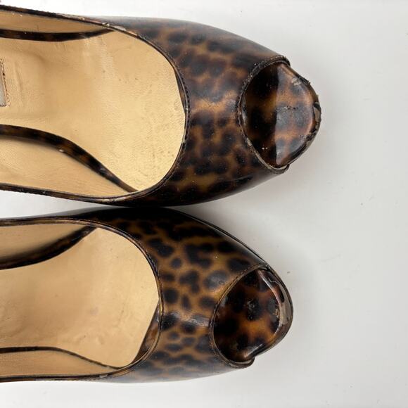 Jimmy Choo Cheetah Print Patent Leather Peep Toe Pumps Women's 37.5 - Picture 10 of 13